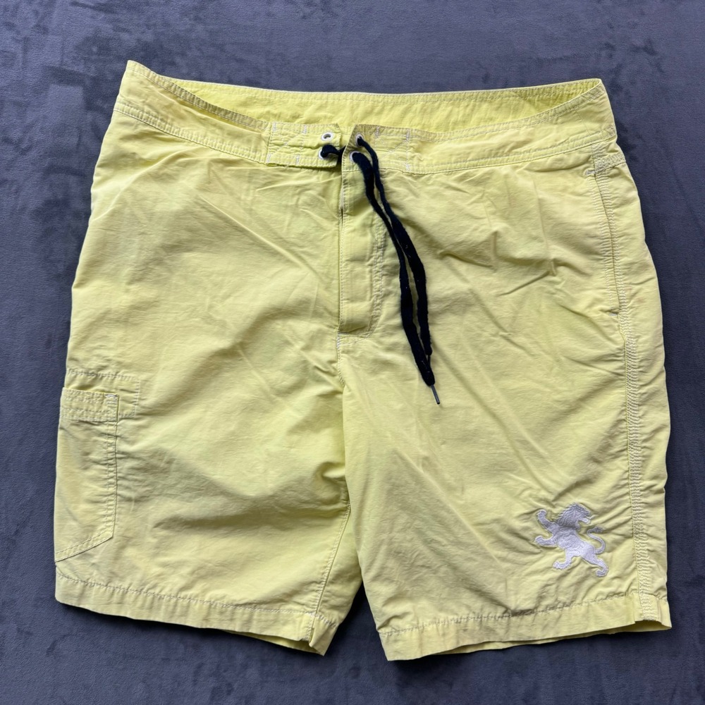 Express Mens Board Shorts Yellow Lion Logo Cargo Pocket Swim Trunks Size 38